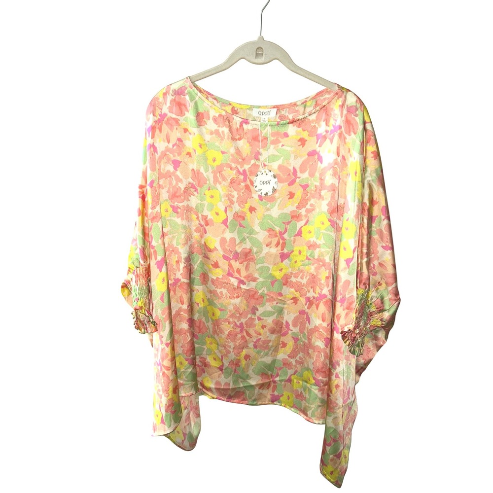 ODDI Womens‎ Floral Smocked Cuff Oversized Blouse Pink Yellow IT15565 Size M NWT